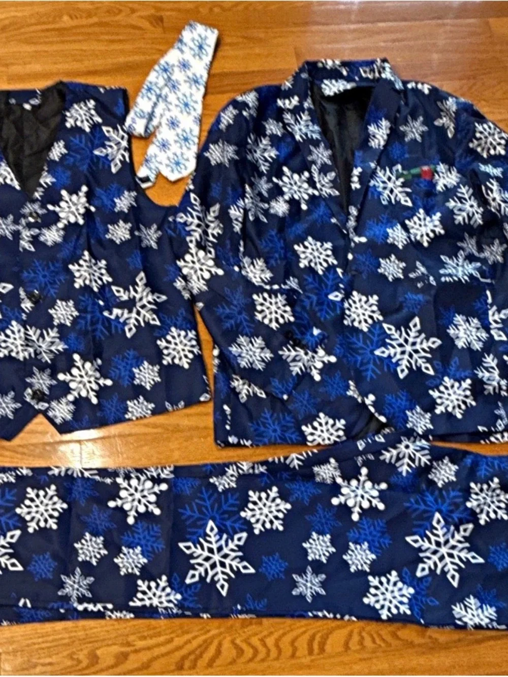 Men's Navy Blue Snowflake Suit Jacket, Vest & Pants Set